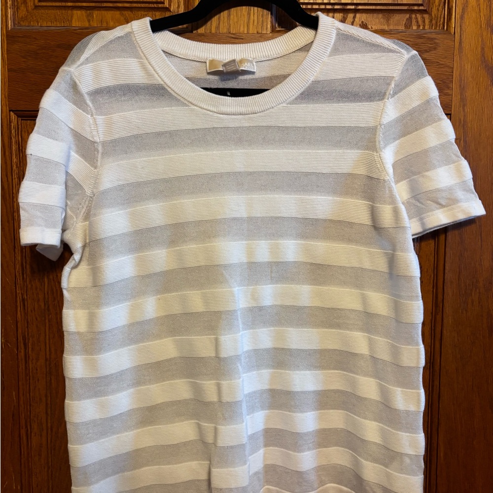 Michael Kors Women's Short-Sleeve Striped Knit Top - White & Light Gray
